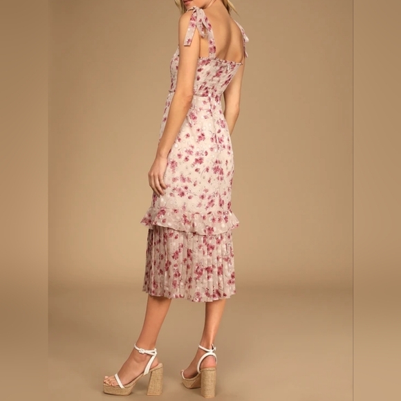 Lulus Terrace Views Taupe/ Pink Floral Print Tiered Midi w Tying Shoulder Straps - Picture 4 of 14